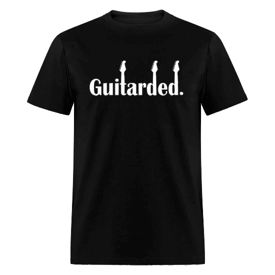 Black cotton t-shirt featuring a playful design: a guitar cleverly incorporated with the word 'Guitarded' emblazoned across the front.