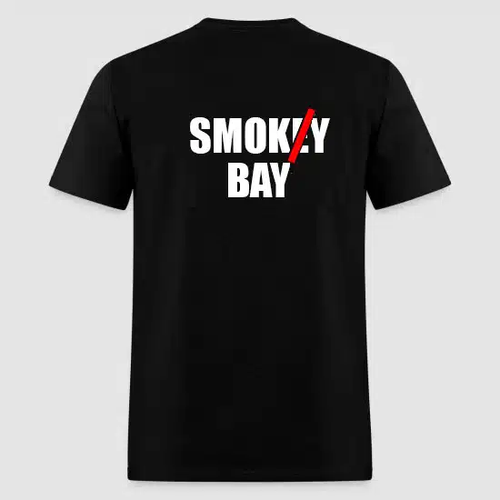 Smokey Bay t-shirt spelt incorectly with the E slashed out to spell Smoky Bay