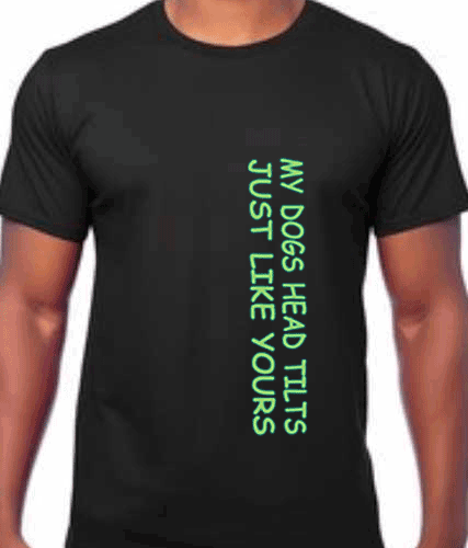 funny dog An image of a Black cotton T-shirt featuring a humorous meme design with the text 'My DogS HEAS TITLS JUST LIKE YOURS.