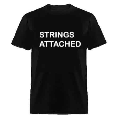 "Black cotton T-shirt by Austees, Australian printed. Front features whimsical 'Strings Attached' slogan with playful guitar string illustrations. Stylish, comfy, and music-inspired."